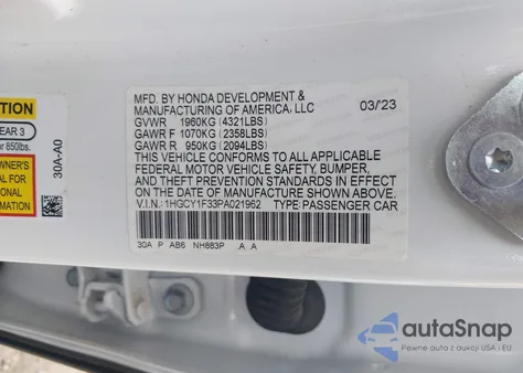 2023 Honda Accord Ex из США, поврежденный, VIN 1HGCY1F33PA021962